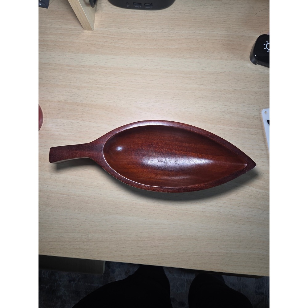 Caribcraft Solid Mahogany Wood Leaf Dish Vintage Hand Made in Haiti MCM Tray